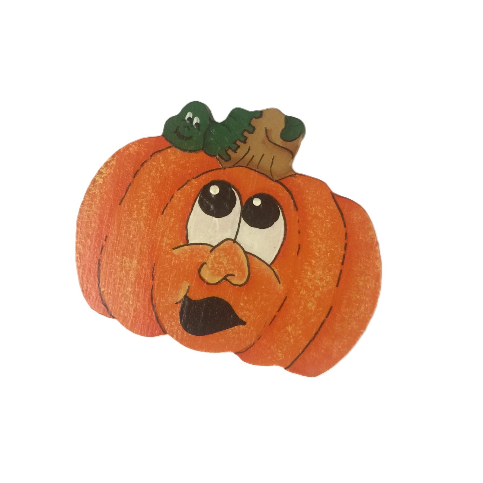 Halloween Brooch Pin Jack O Lantern Wooden Hand Painted Locking Bar Back VTG
