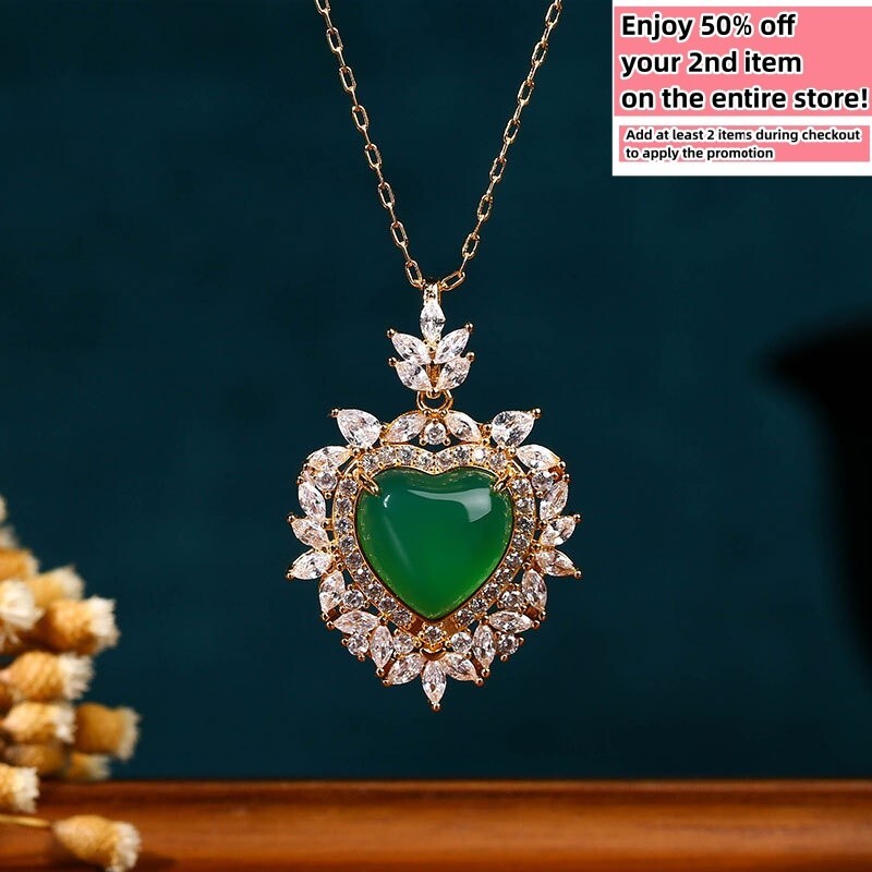 Green Jade Crystal Heart Pendant Necklace Charm 18K Gold Plated Chain Gemstone