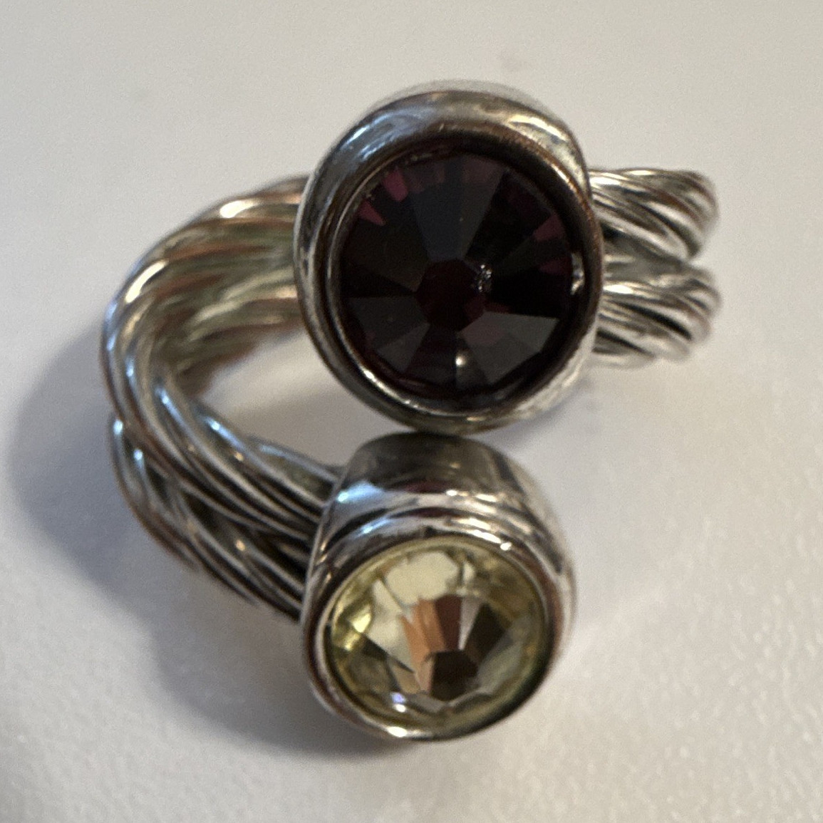 Silver Tone Wrap Cocktail Ring Size 9 Bezel-Set Purple & Yellow Crystals