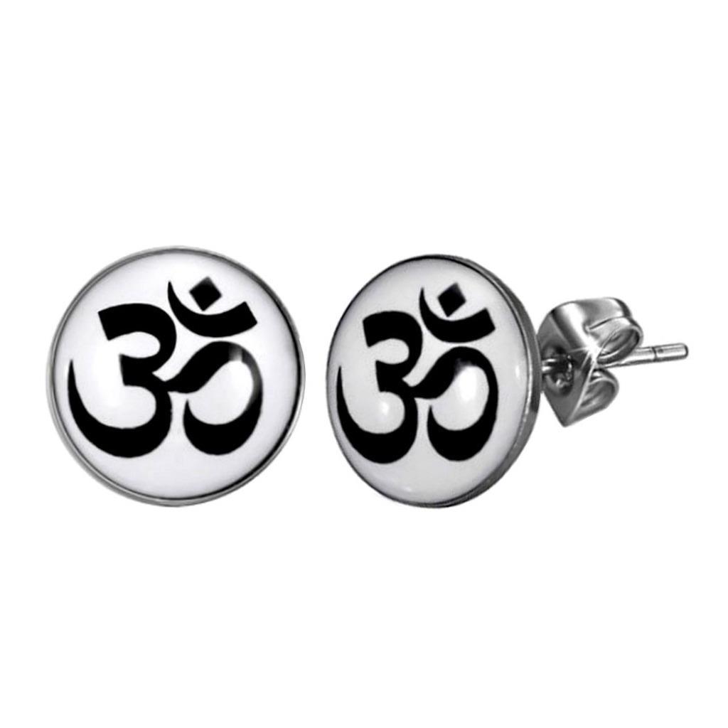 OHM EARRINGS 10mm Stainless Steel Stud Post Round White Unisex Om Aum Yoga Hindu