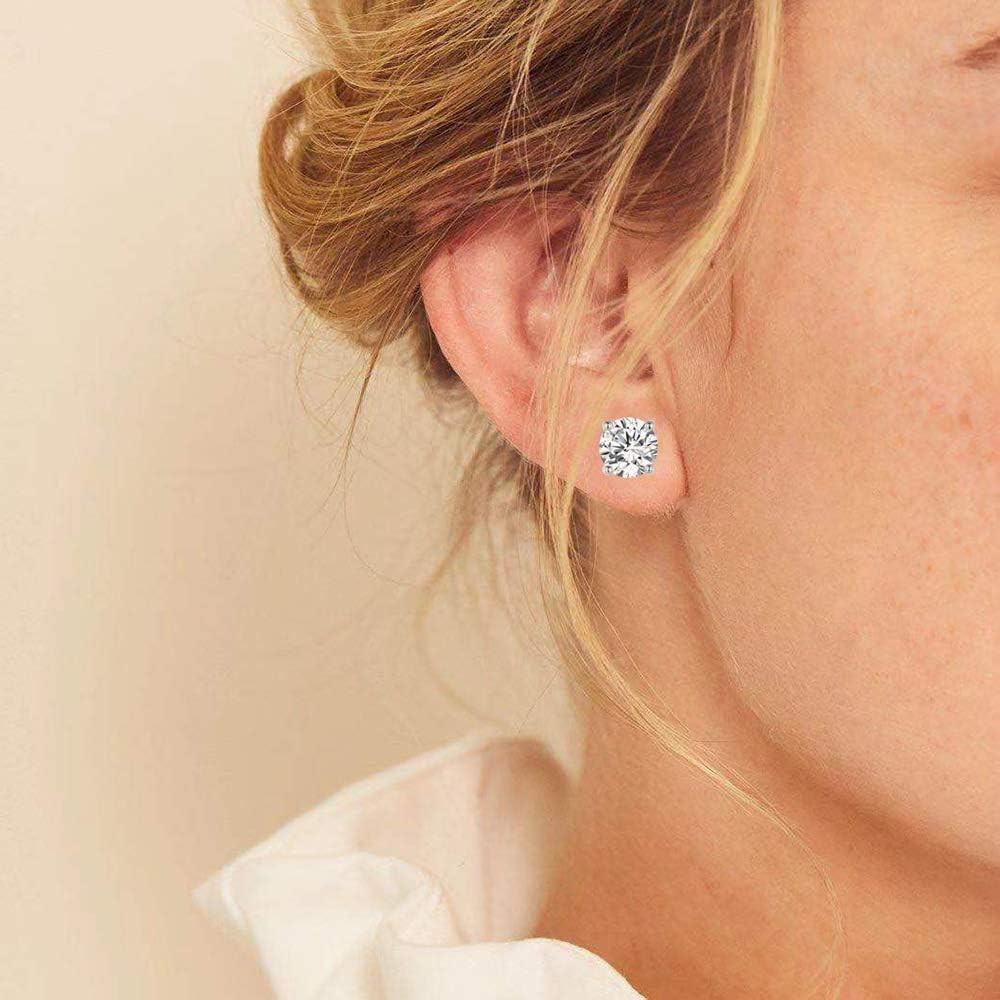 18K White Gold Plated 4 Pong round Clear Cubic Zirconia Stud Earring Pack of 6 P