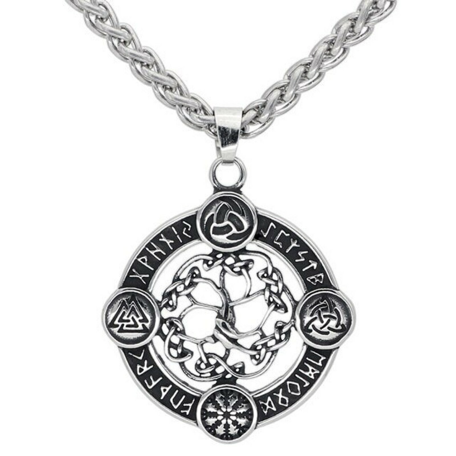 Viking Yggdrasil Necklace Stainless Steel Trinity Vegvisir Valknut Pendant