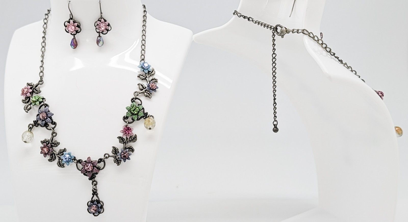 DESIGNER INSPIRED MULTI PINK or PURPLE FLORAL CRYSTAL SILVER METAL JEWELRY SET