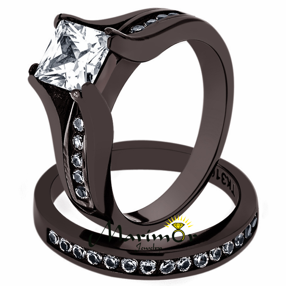 Stainless Steel 2.10 Ct Princess Cut Zirconia Brown Wedding Ring Set Womens 5-10