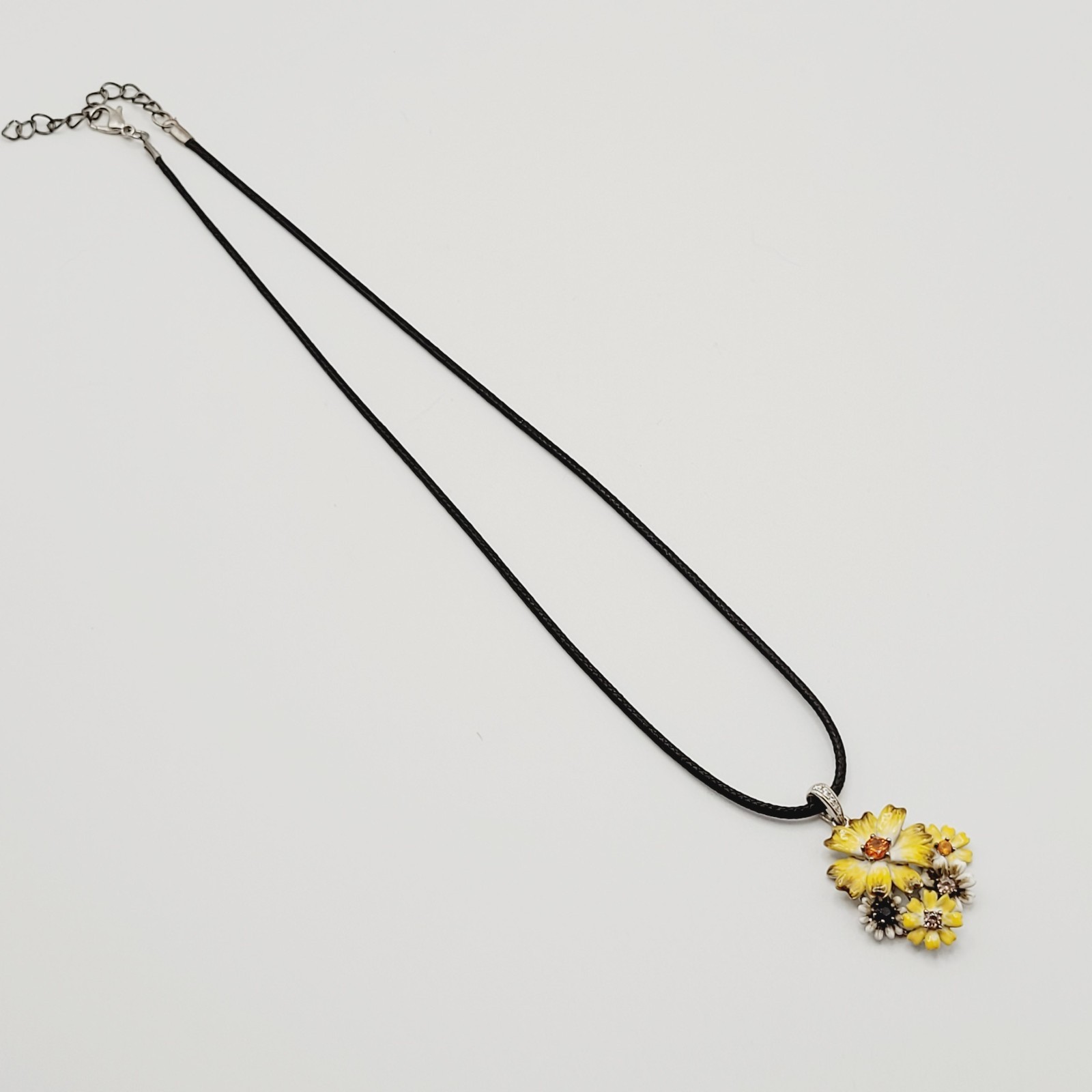 Yellow Flower Floral Bouquet Cluster 925 Pendant Black Cord Necklace 19 Inch