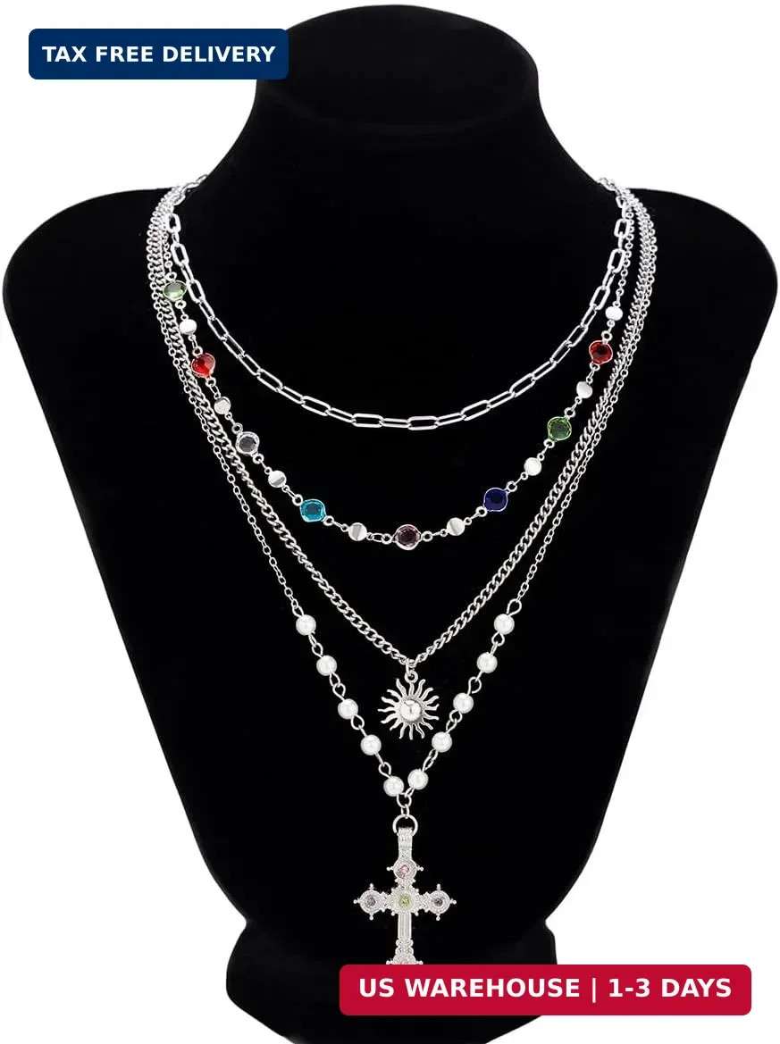 MODRSA Gold Stacked Layered Necklaces for Women Pearl Pendant Charm Cross Lariat