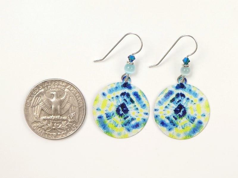 Adajio Earrings Sterling Silver Hook Yellow and Blue Tie Dye Disc Handmade 8014
