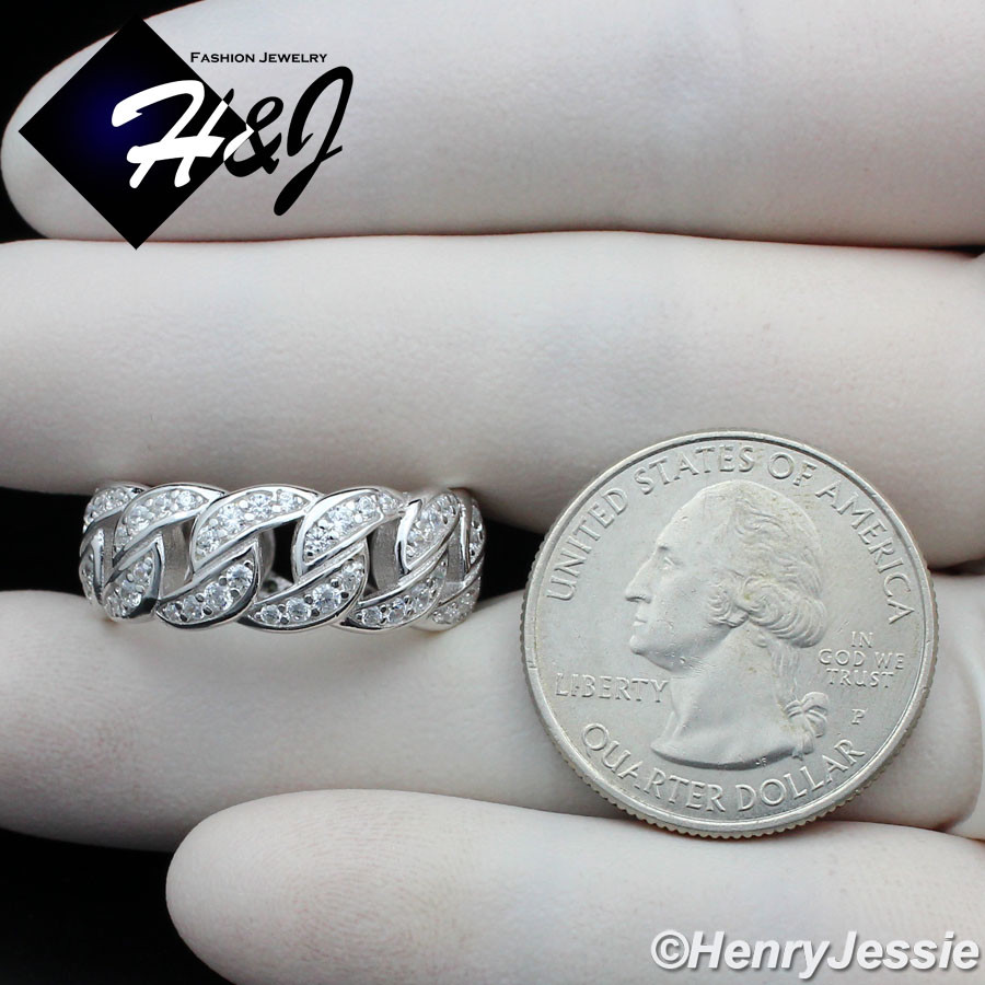 MEN WOMEN SOLID 925 STERLING SILVER FULL ICY BLING CZ CUBAN CURB LINK RING*SR128