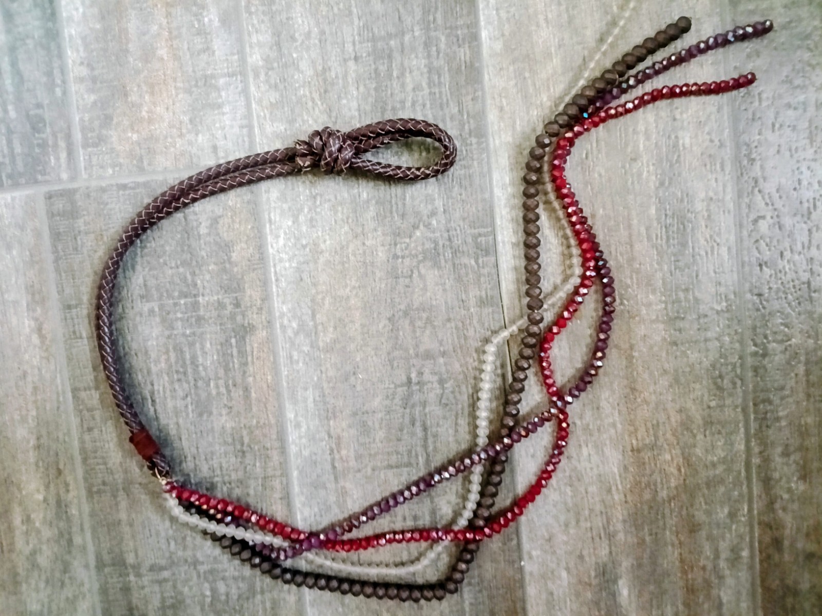 Leather Braided Crystal Beads Round Lariat Tie Like Necklace Adjustable UNIQUE