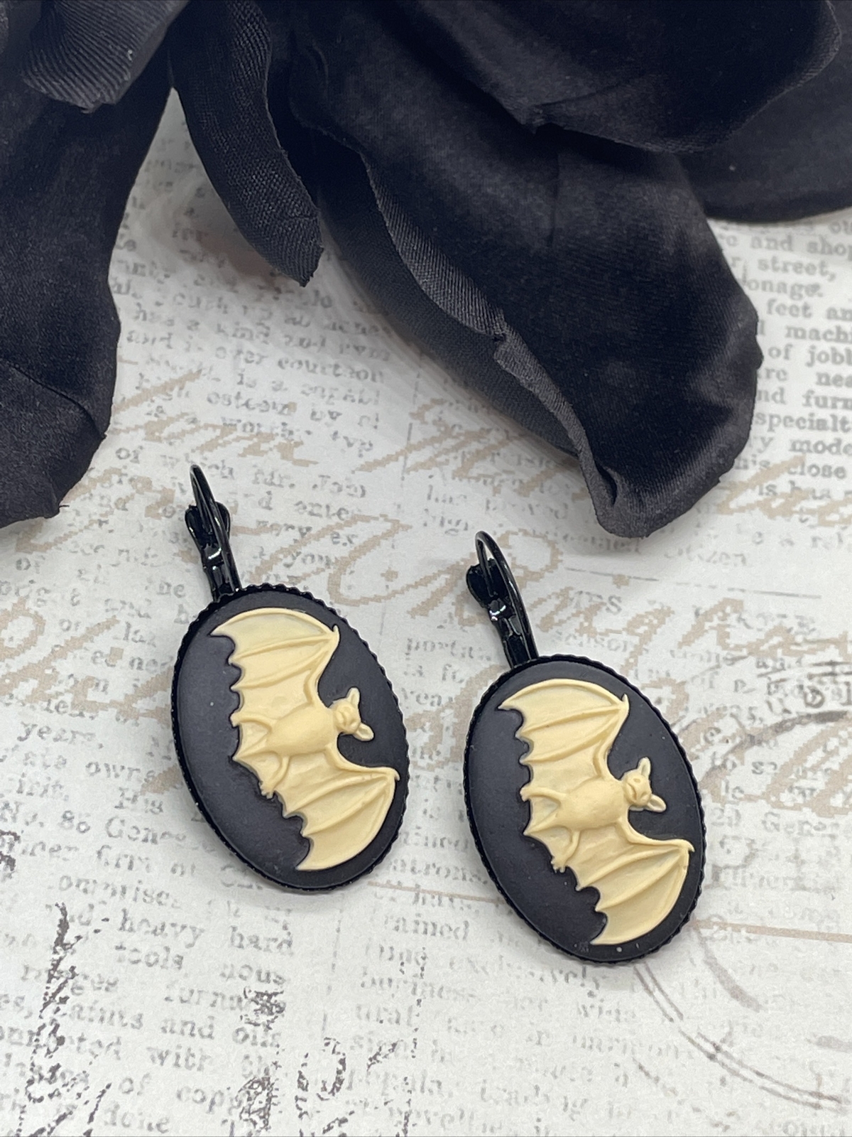 Bat Wings Witch NEW Black Setting Enamel Gothic Earrings Cameo Birthday Festival