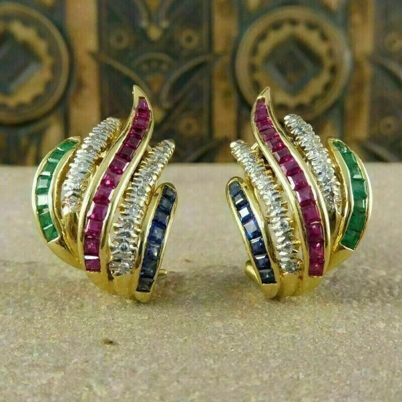 14K Yellow Gold Plated 2.2Ct Simulated Sapphire Ruby Emerald Omega Back Earrings