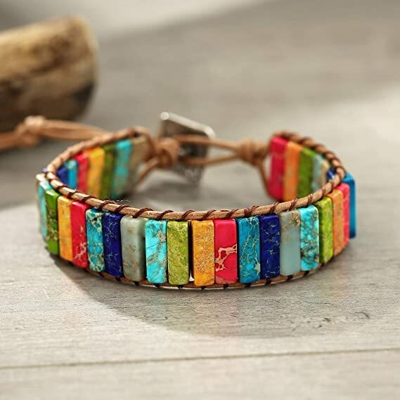 Imperial Jasper 7 Chakra Gemstone Boho Leather Handmade Healing Women Bracelet