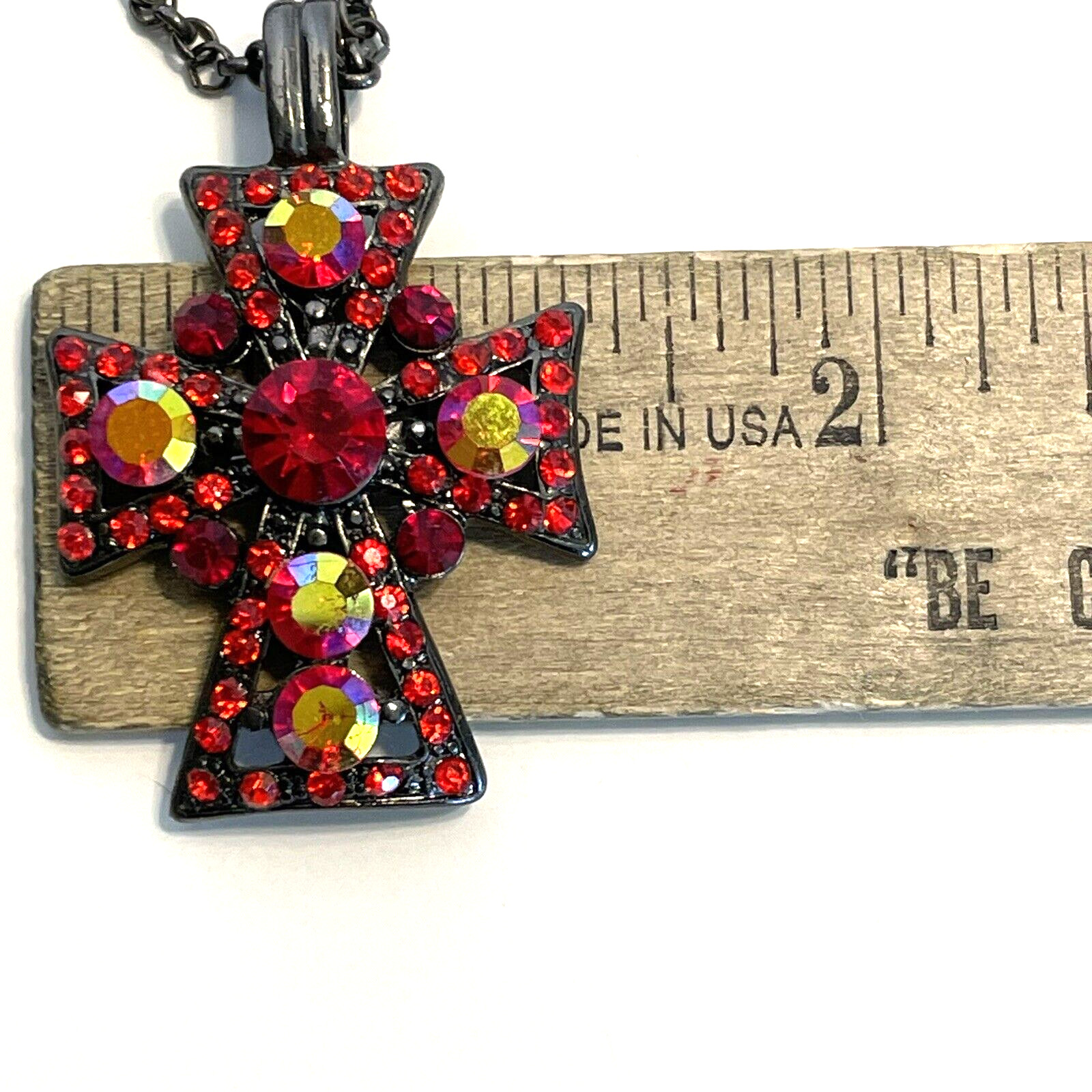 Cross Necklace and Dangle Earring Set Red Aurora Borealis Rhinestones