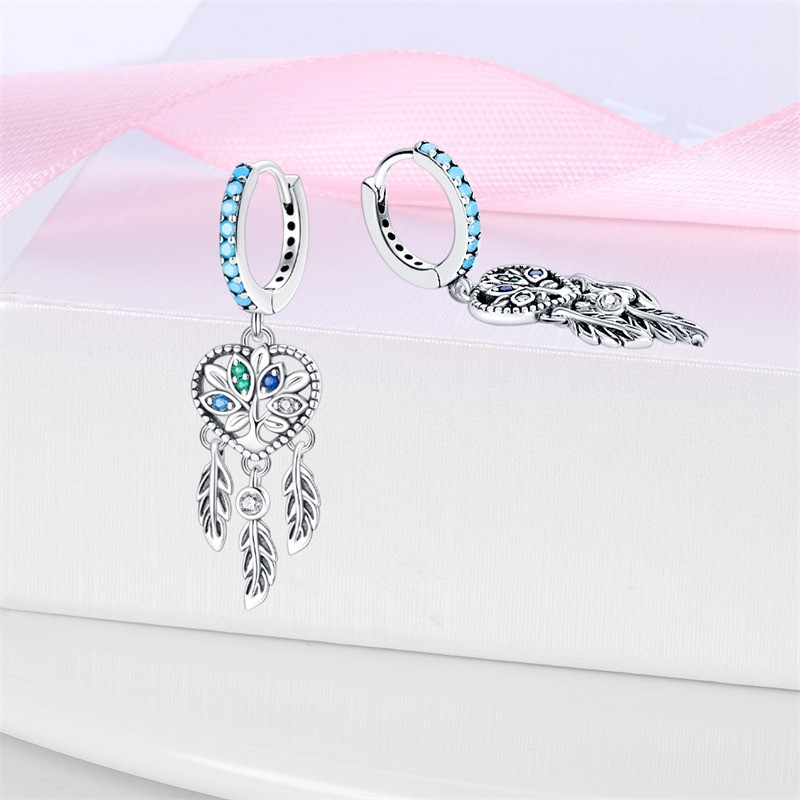 KUNSIR 925 Sterling Silver Fashion Jewelry Feather Dream Catcher Drop Earrings