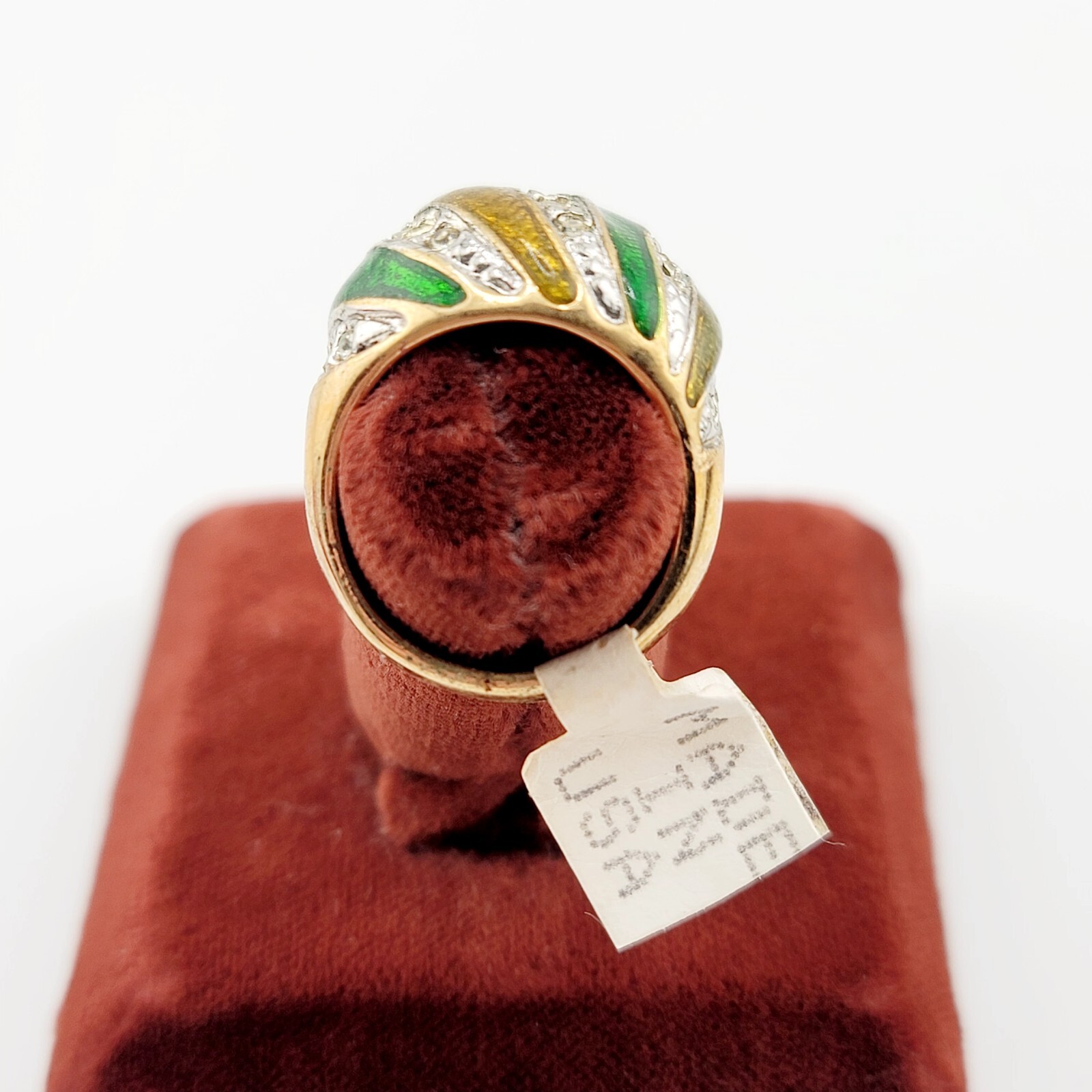 Vtg Ring Sz 5 Green Enamel Dome Bubble Rhinestones 18KGE Fashion Jewelry S#3