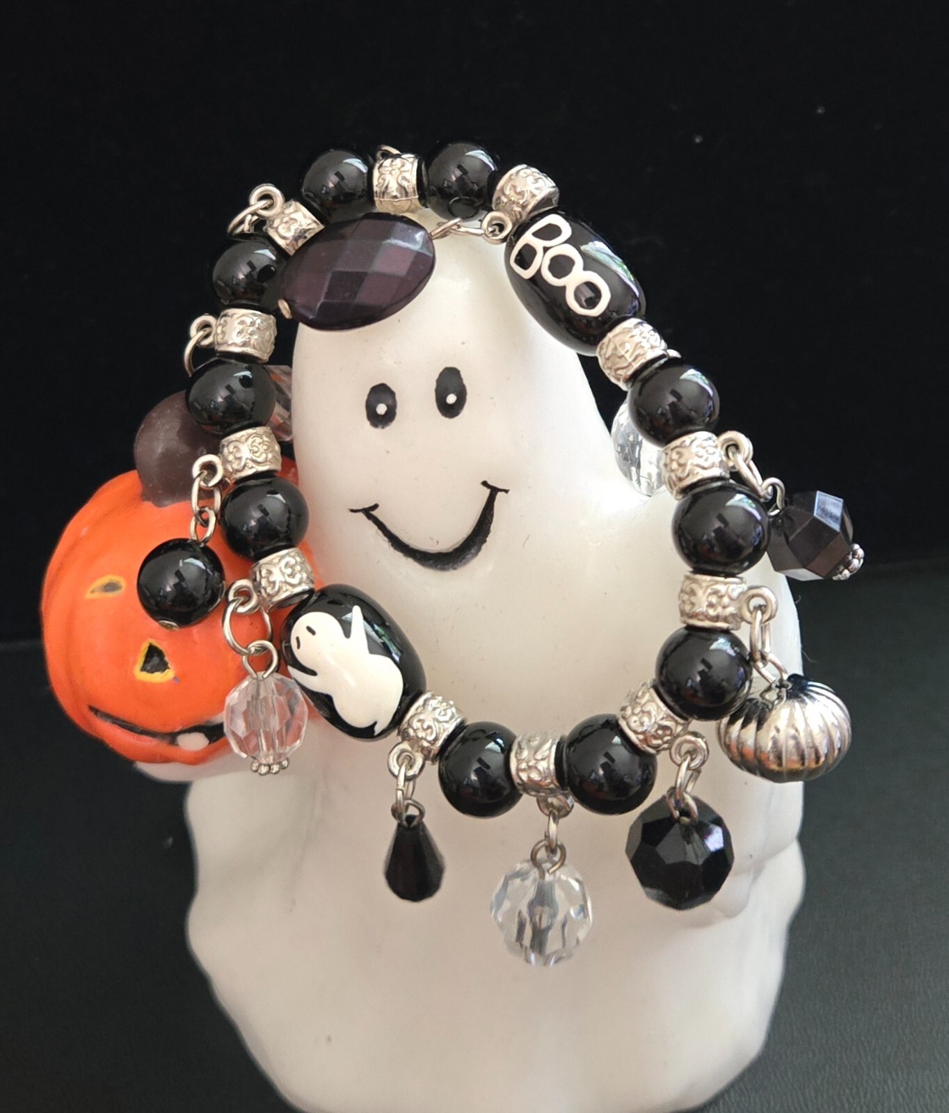 Halloween Bracelet Glass Beaded Stretch Bracelet Ghost Spooky Cat Bat Spooky 5