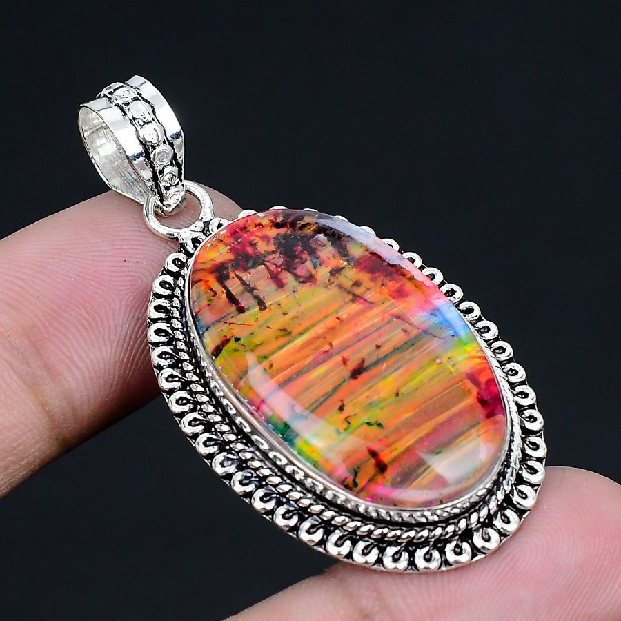 Ammolite 925 Silver Plated Handmade Pendant of 2.05″