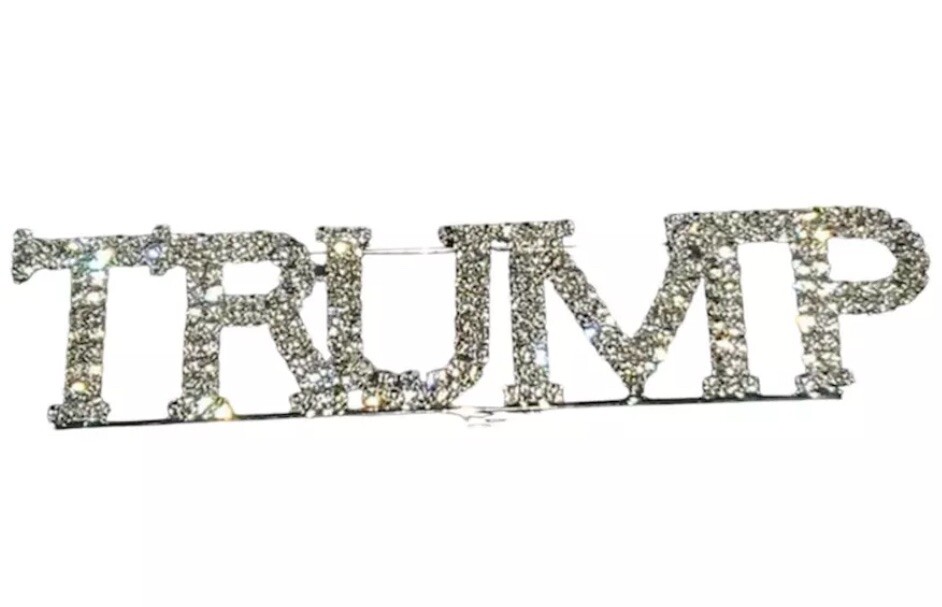 TRUMP MAGA Republican GOP Sparkly BLING Rhinestone Crystals Silver BIG BroochPin