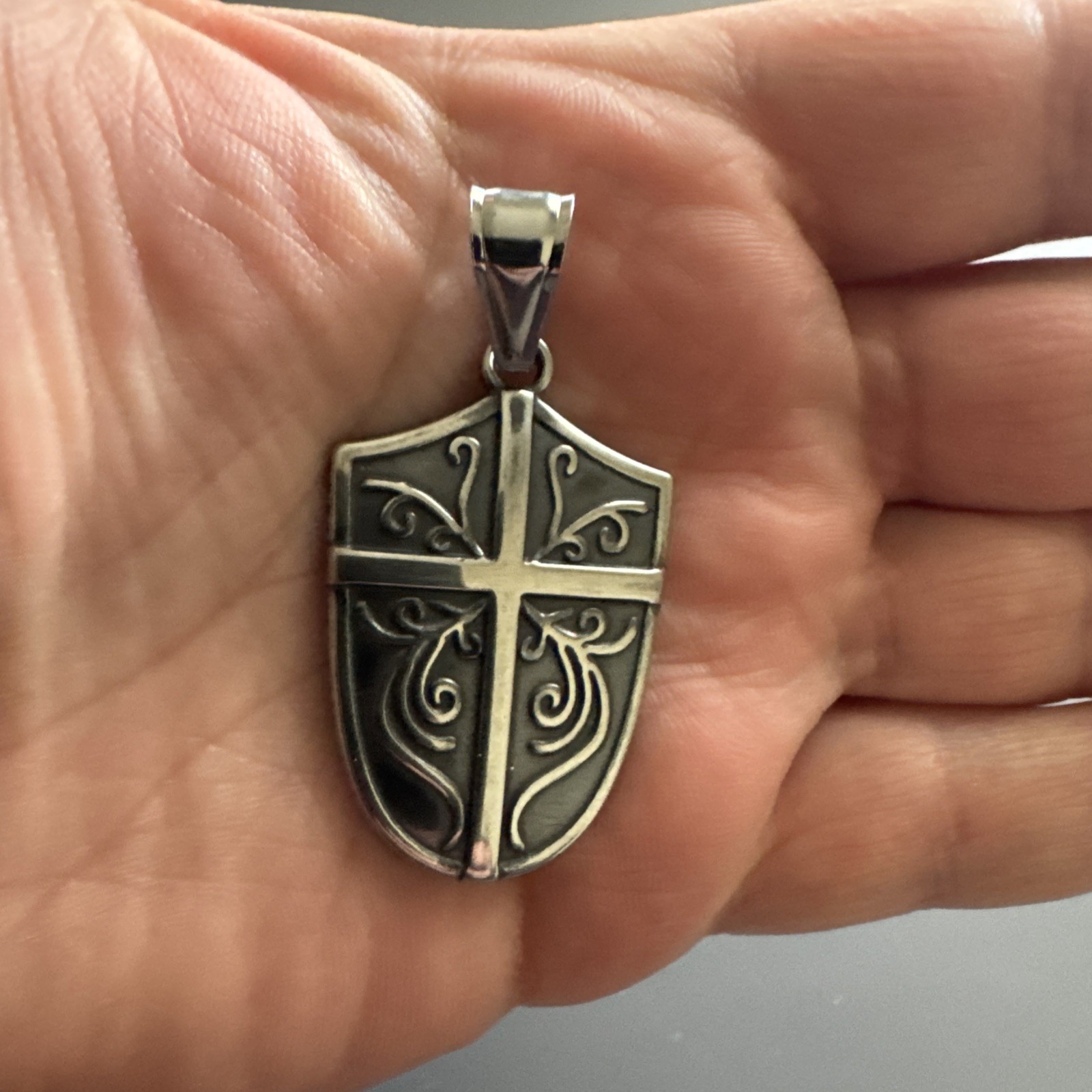 Cross Shield Viking Stainless Steel Pendant 24 Inch Box Chain Religious Faith