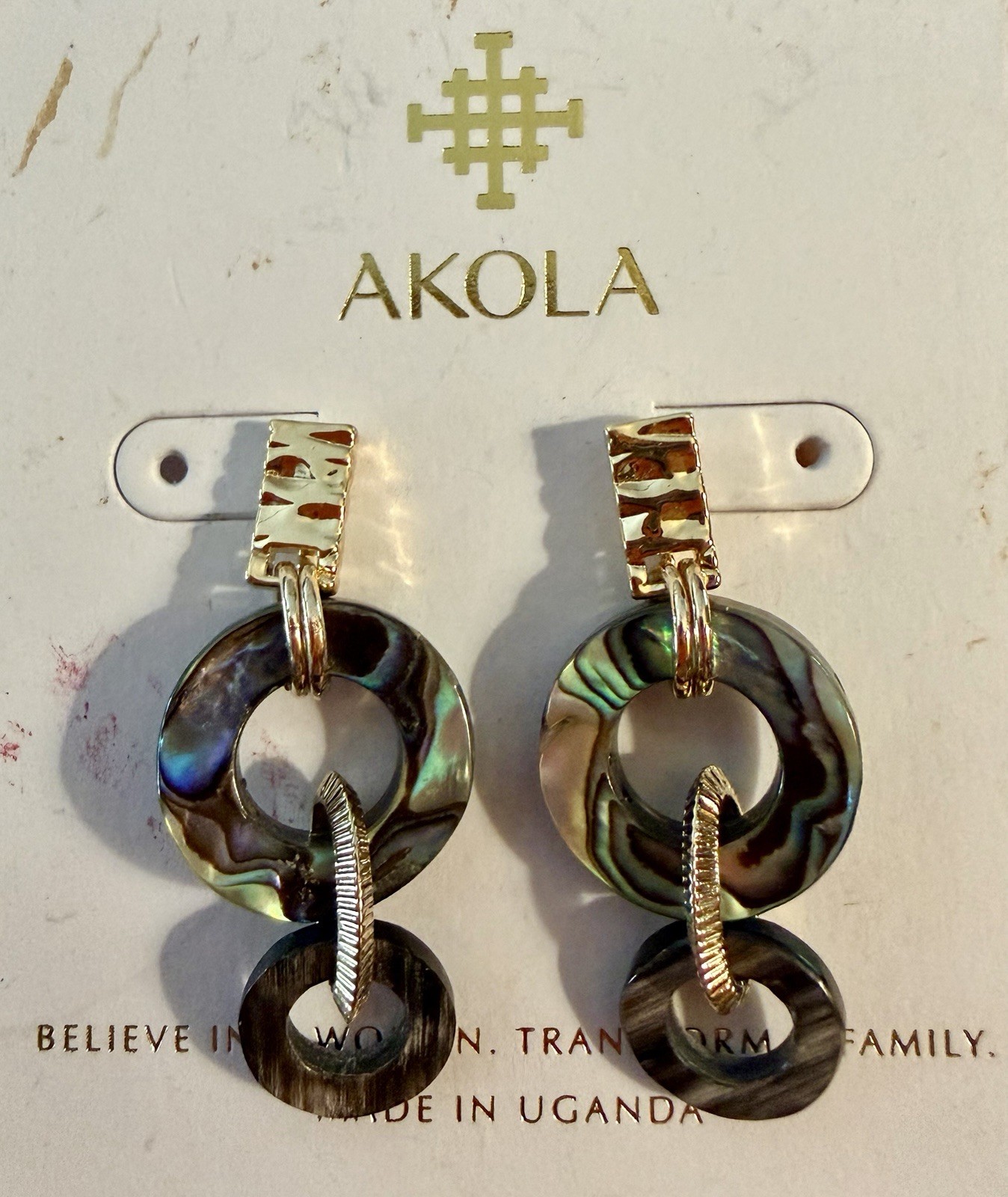 $58 Akola Abalone Statement Earrings – New on Card – Woman’s Uganda Aid