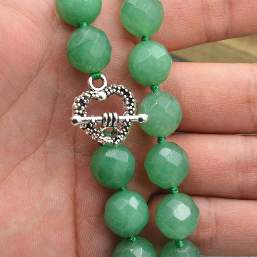 Faceted 12mm Green Emerald Round Beads Necklace 18″ Tibetan Silver Love Clasp