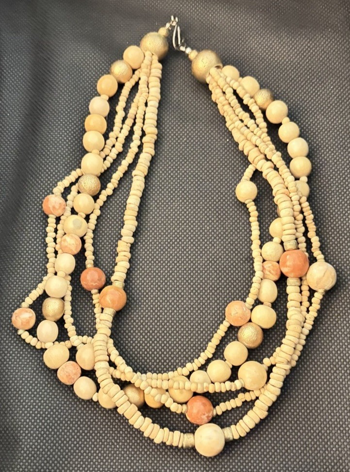 Layered Statement Wood Beaded Necklace, Beige, Ball/Bead Chain, Hook