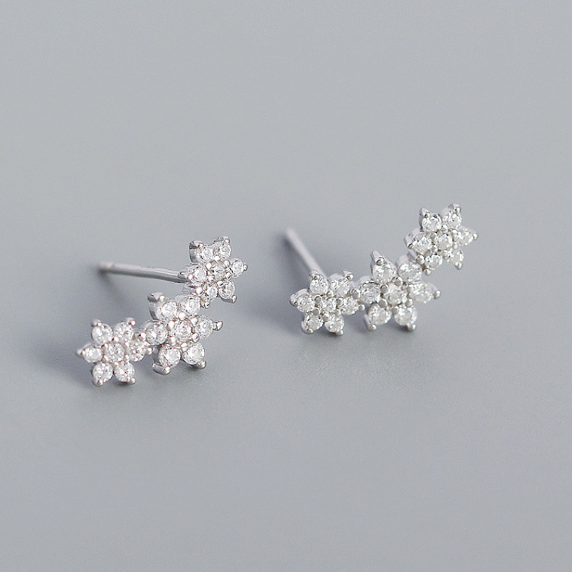 Women 925 Sterling Silver Three Flower CZ Stud Earrings Gift Box PE21
