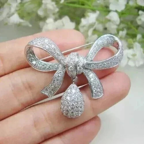 2.50Ctw Round Cut Moissanite Regal Grace Brooch Pin 14K White Gold Plated Silver