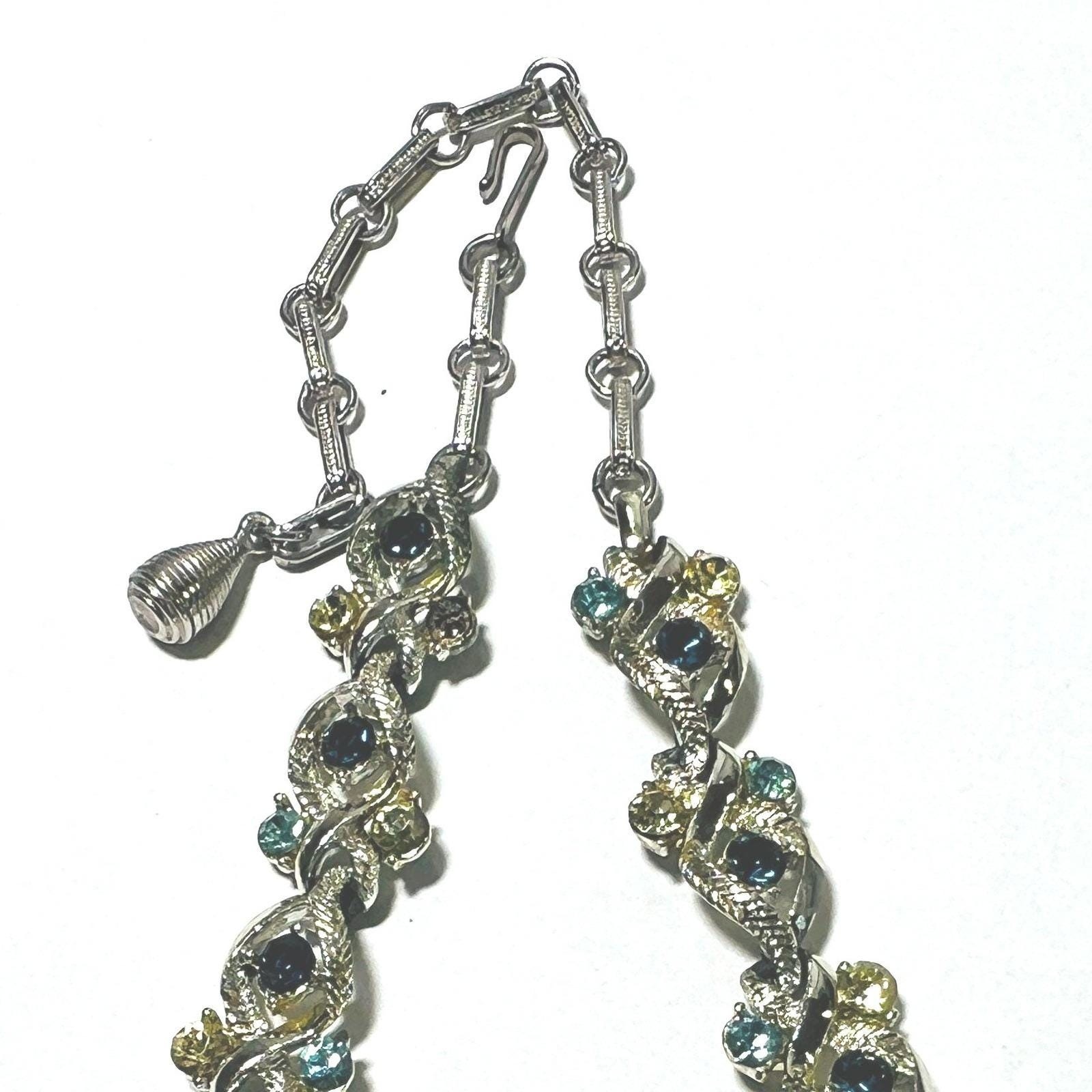 Vtg Coro Eyes Necklace Two-Tone Blues & Yellow Rhinestones Silver Tone READ