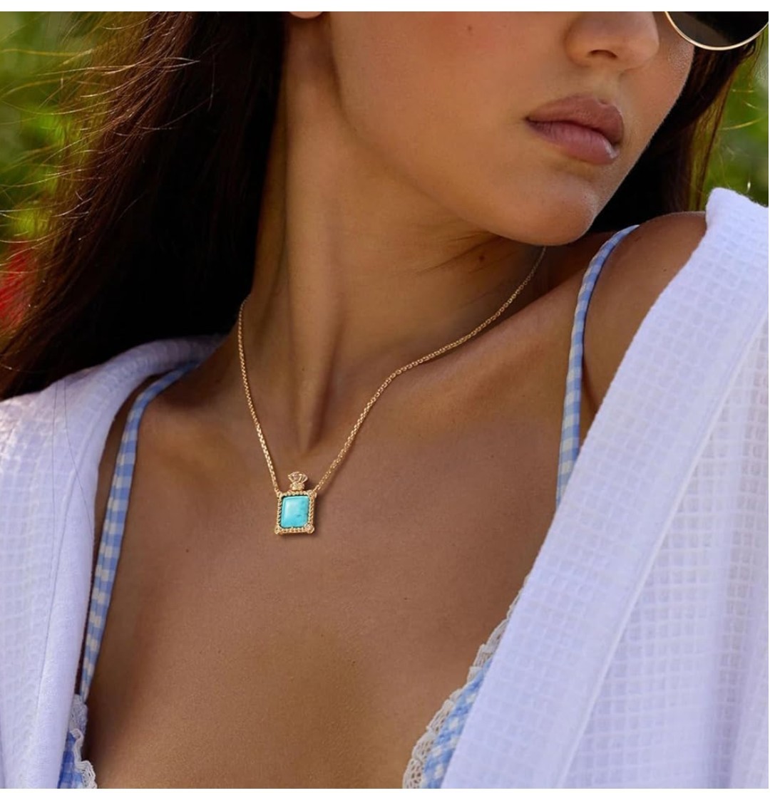 Yellow Gold Plated Cable Chain Necklace Square Blue Turquoise Pendant CZ
