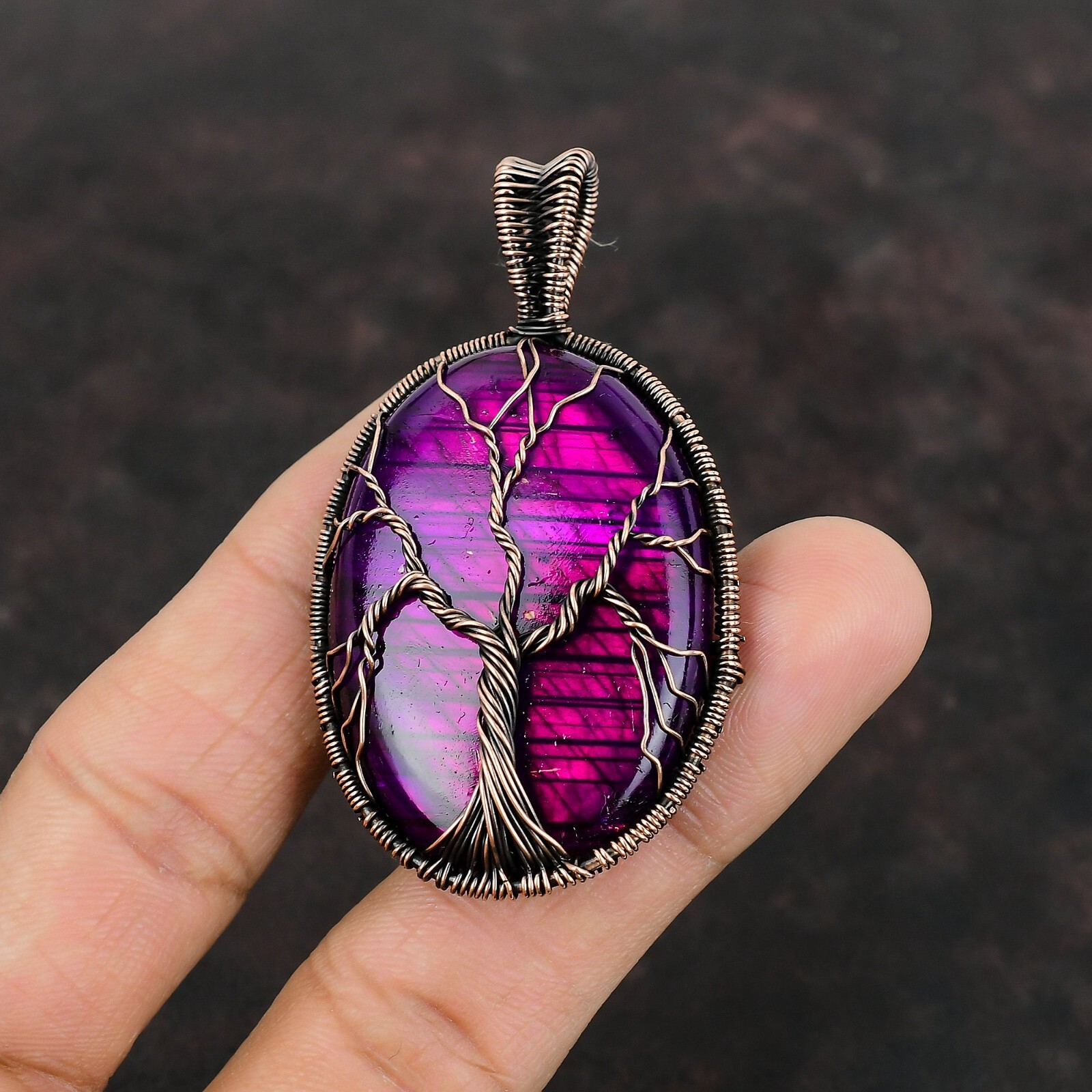 Pink Fire Labradorite Wire Wrapped Tree Of Life Handcrafted Copper Unique 2.56″