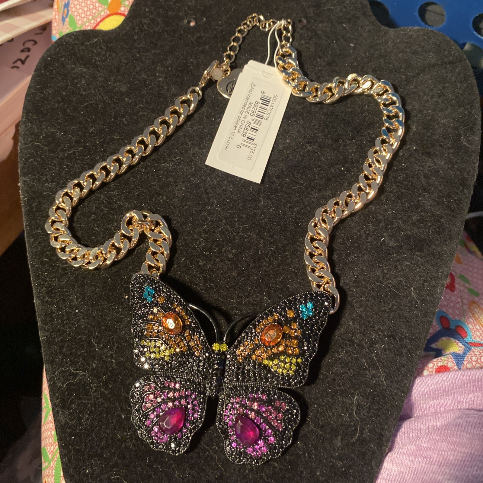 Betsey Johnson Gold Tone Black Purple Butterfly Pendant Necklace Crystal Choker