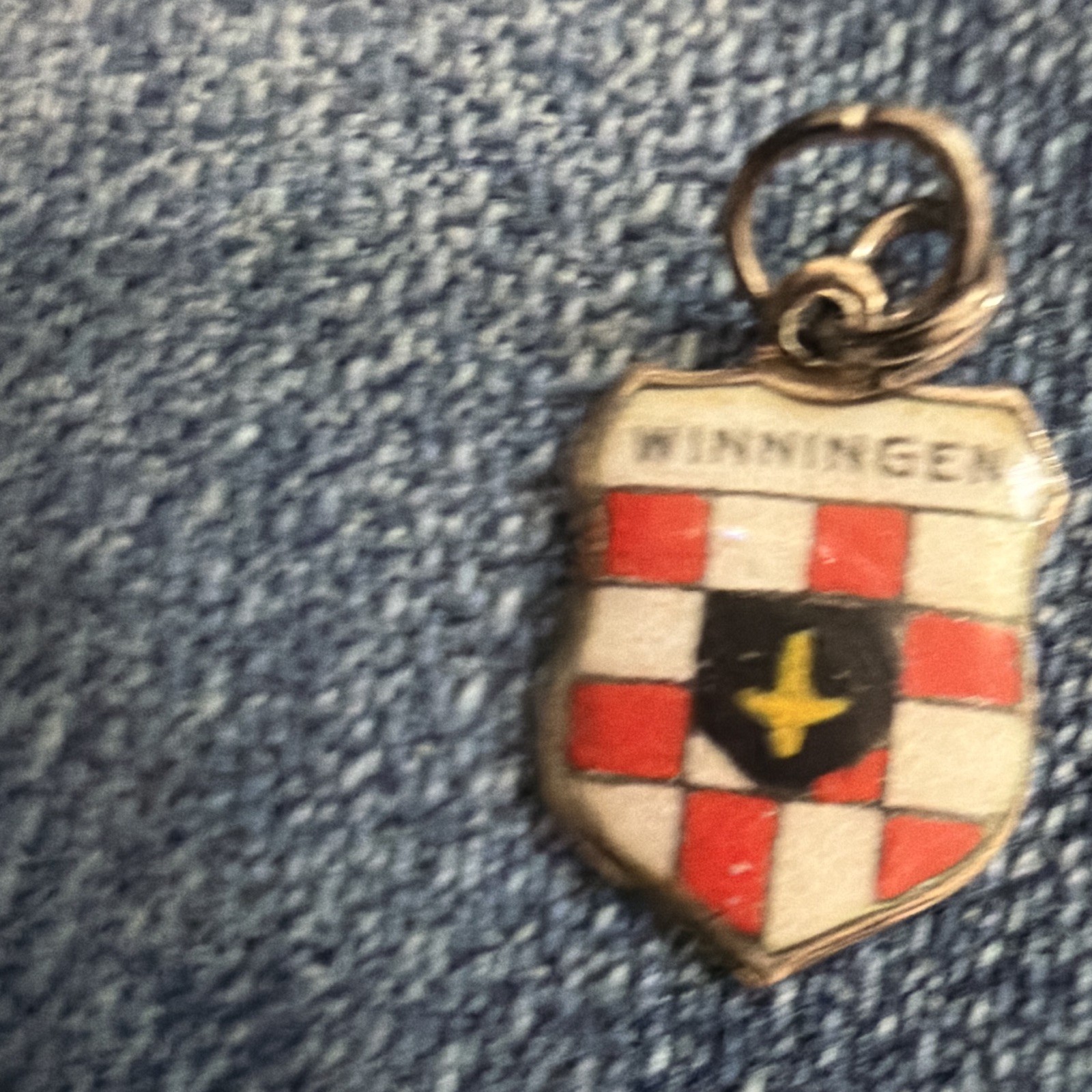 800 Silver Enamel Winningen Shield Dangle Charm Heraldry Signed Spring Ring