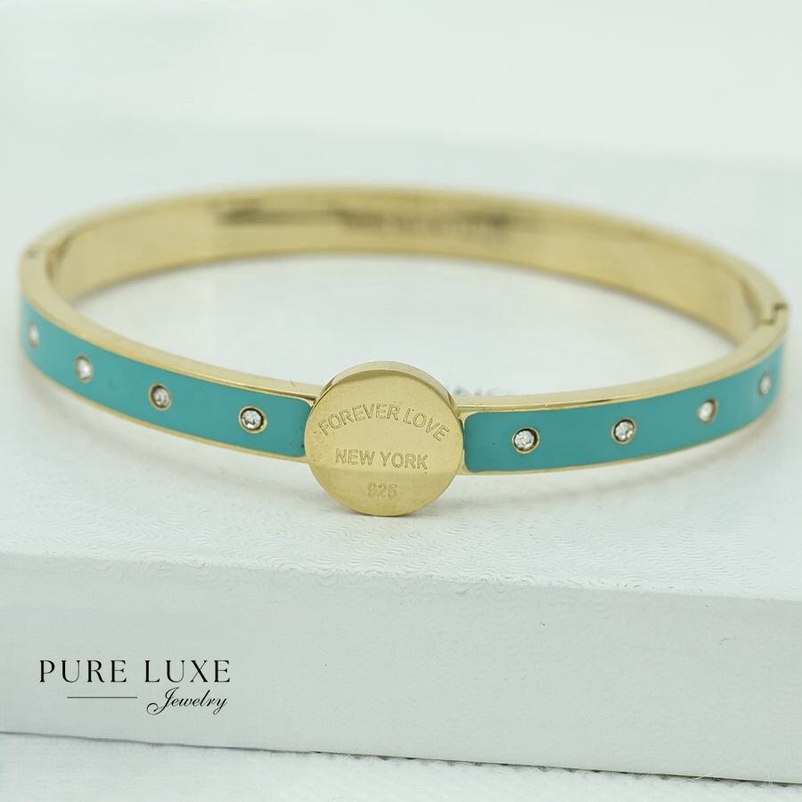 6.5″ Women’s Stainless Steel,Turquoise CZ Bangle Bracelet Gold plated*BOX