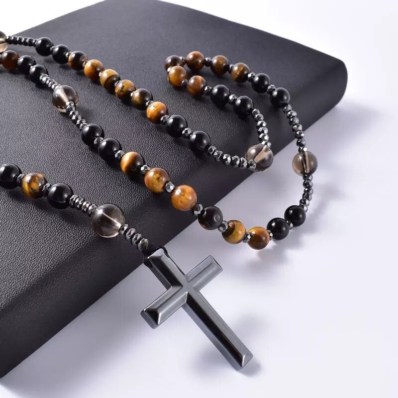 Tiger’s Eye Onyx Beaded Catholic Christ Hematite Cross Pendant Necklace for Men