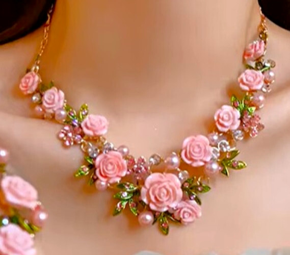 Pink ROSE Flowers PEARL Choker Rhinestone Betsey Johnson Necklace Earring SET