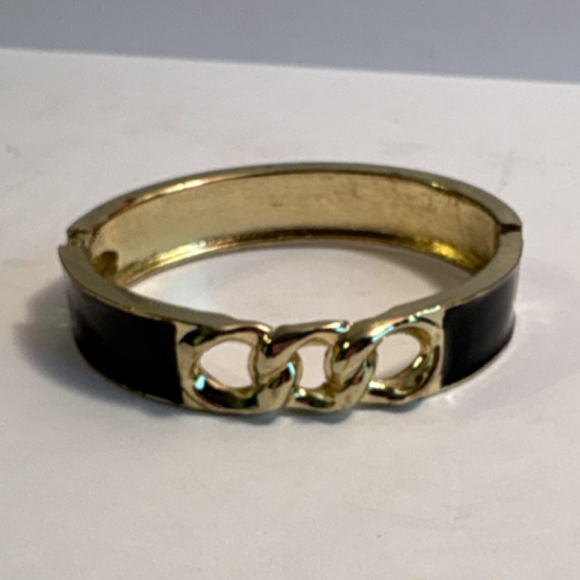 Gold Tone Black Enamel Chain Link Bangle Bracelet Metal Push Lock Closure