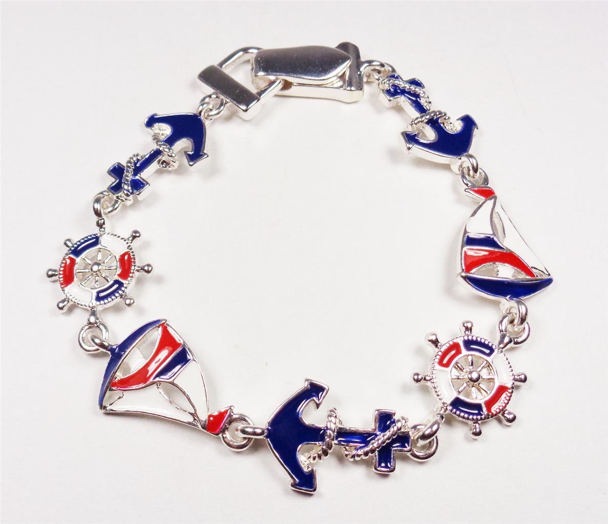 BEACH FASHION NAUTICAL SHIPS WHEEL ANCHOR AND SAILBOAT SEA LIFE RHODIUM BRACELET