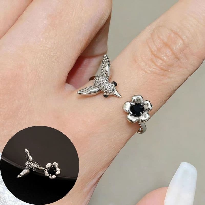 925 Sliver Tiny Hummingbird and Flower Ring Open Rings Adjustable Finger-Ring