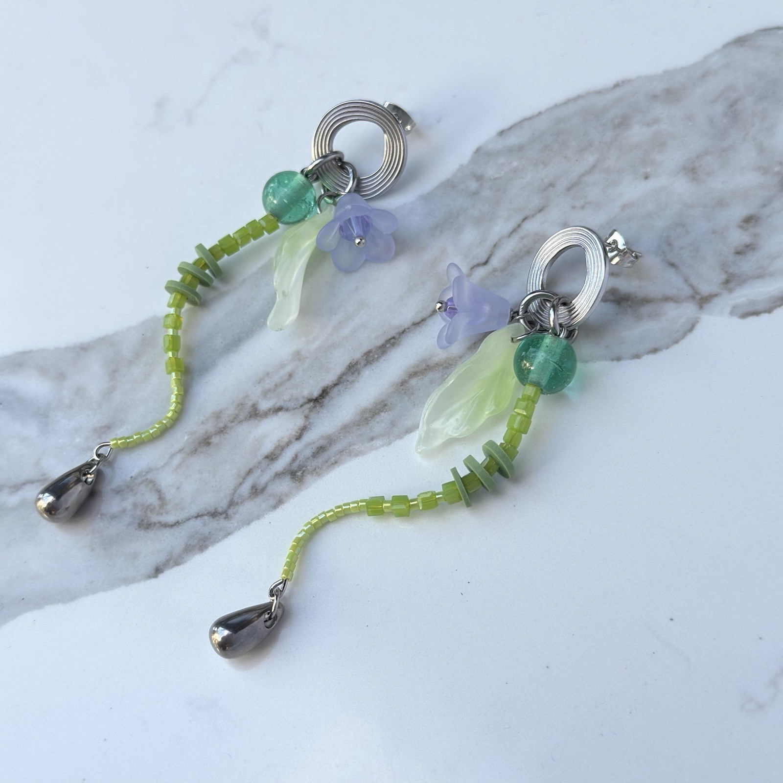 Green Purple Glass Beaded Dangle Drop Earrings, Steel Spiral Stud