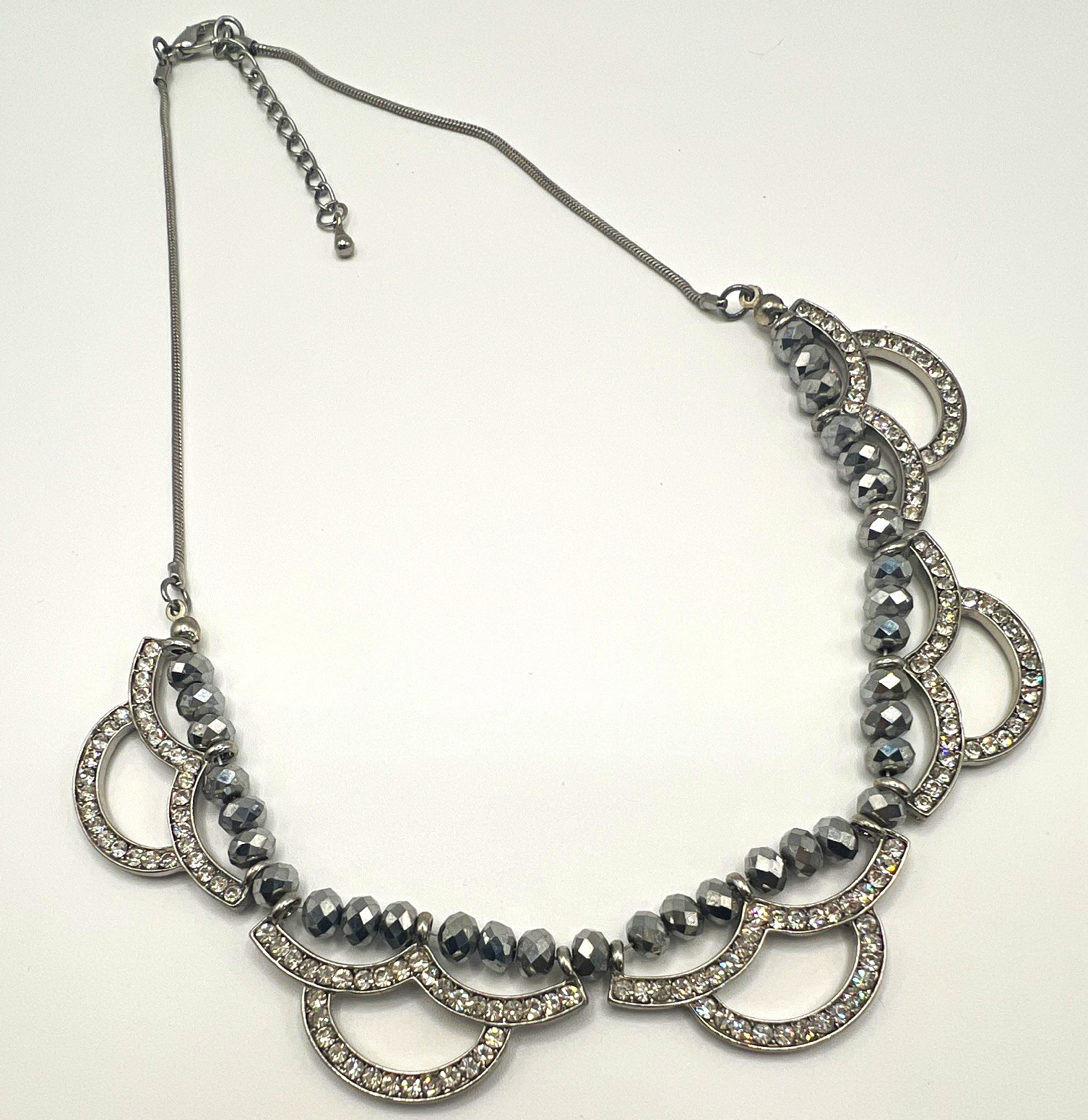 Silver Tone Gray Beaded Statement Necklace, Crystal Pavé, Snake Chain Adjustable