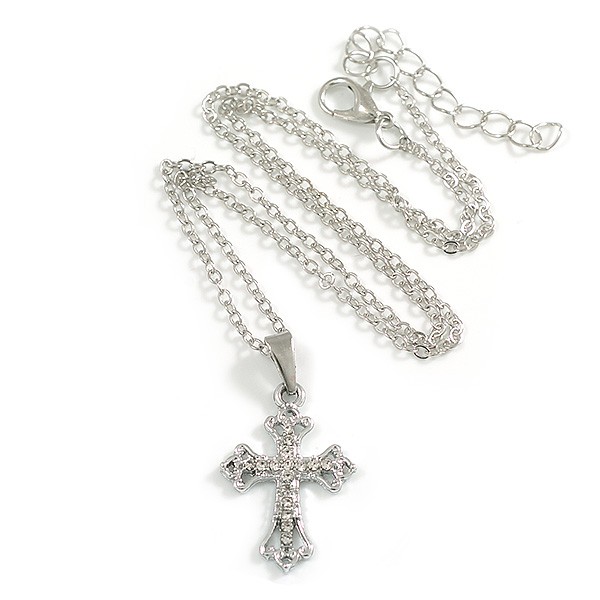Small Crystal Cross Pendant with Silver Tone Chain/42cm Long/ 5cm Extender