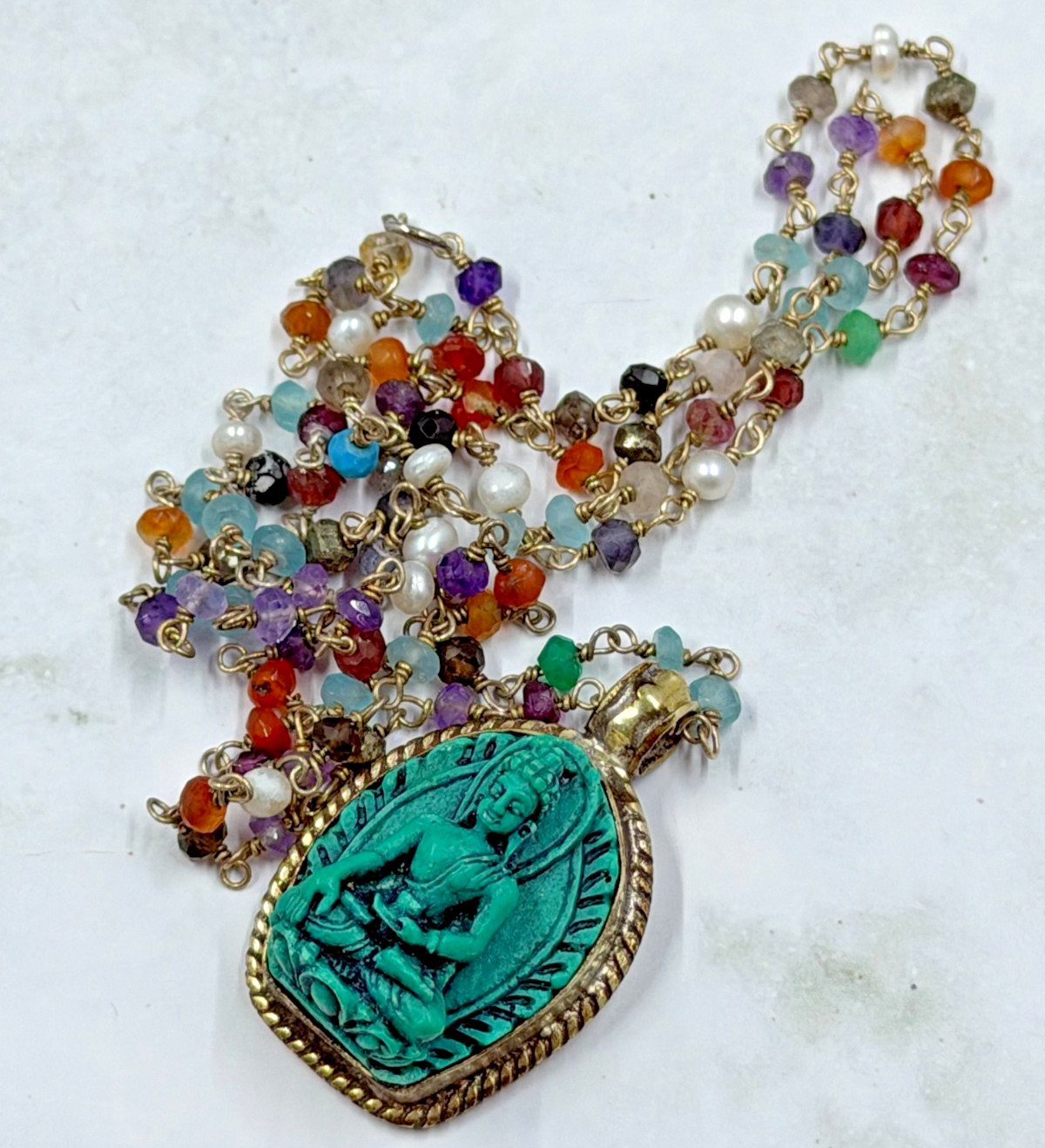 Silver Necklace Crystals on Chain Handcrafted Inlaid Turquoise Shakyamuni 3D