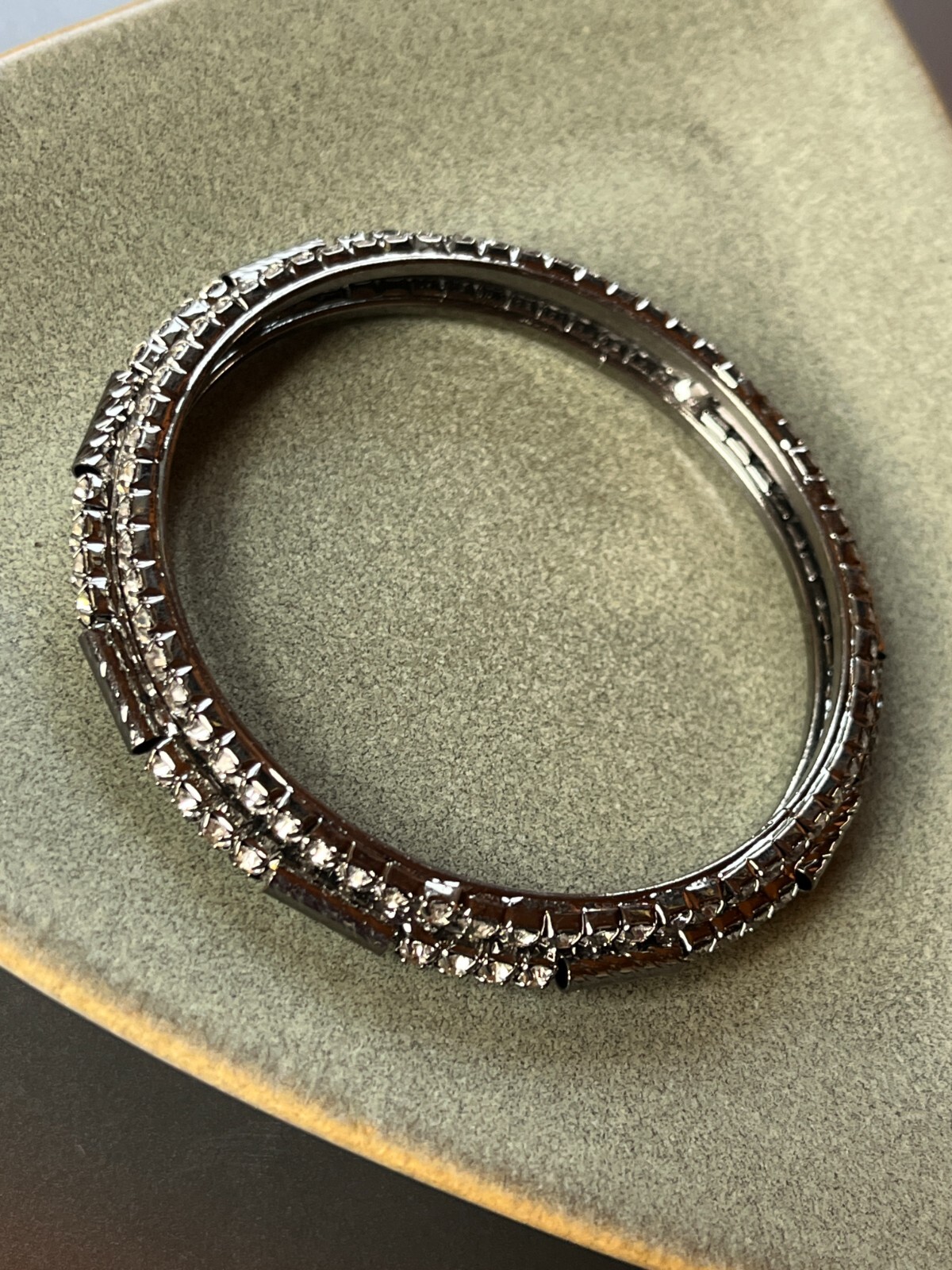 Clear Rhinestone Encrusted & Oxidized Silvertone Bangle Bracelet – 2.25 inches a