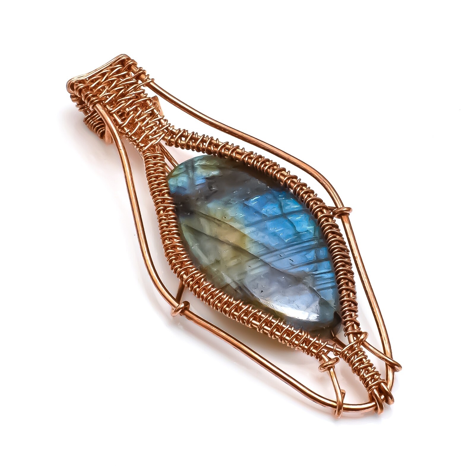 Blue Fire Labradorite Ethnic Handmade Copper Wire Wrapped Pendant Jewelry S-001