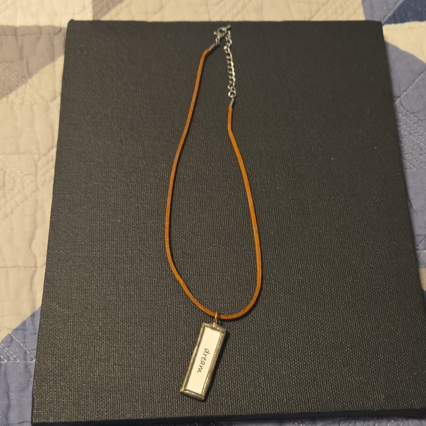 Inspirational Bar Pendant Necklace Brown Cord Silver Tone Rectangle Adjustable