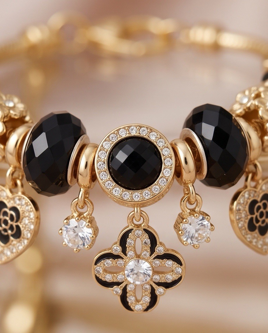 Gold & Black Onyx Style Charm Bracelet (Adjustable 6″–8″)