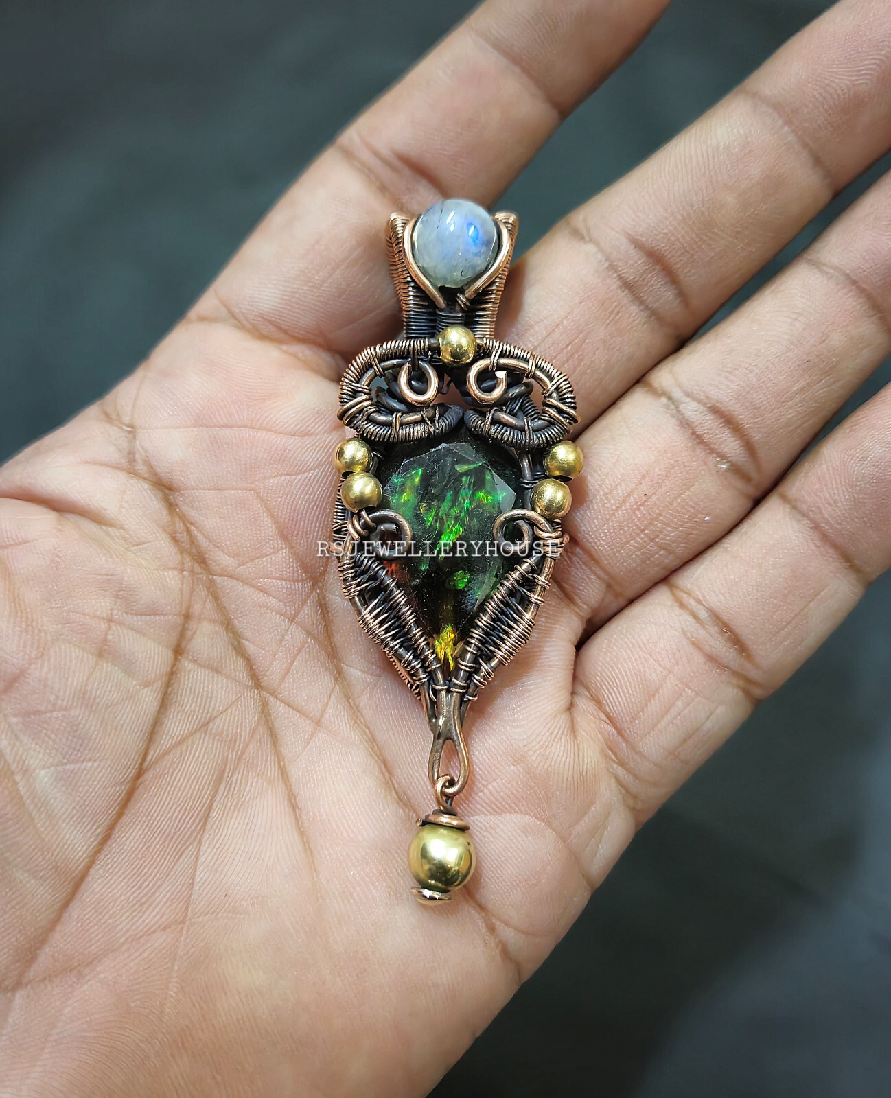 Faceted Ammolite Pendant Copper Wire Wrapped Pendant Handmade Pendant Jewelry