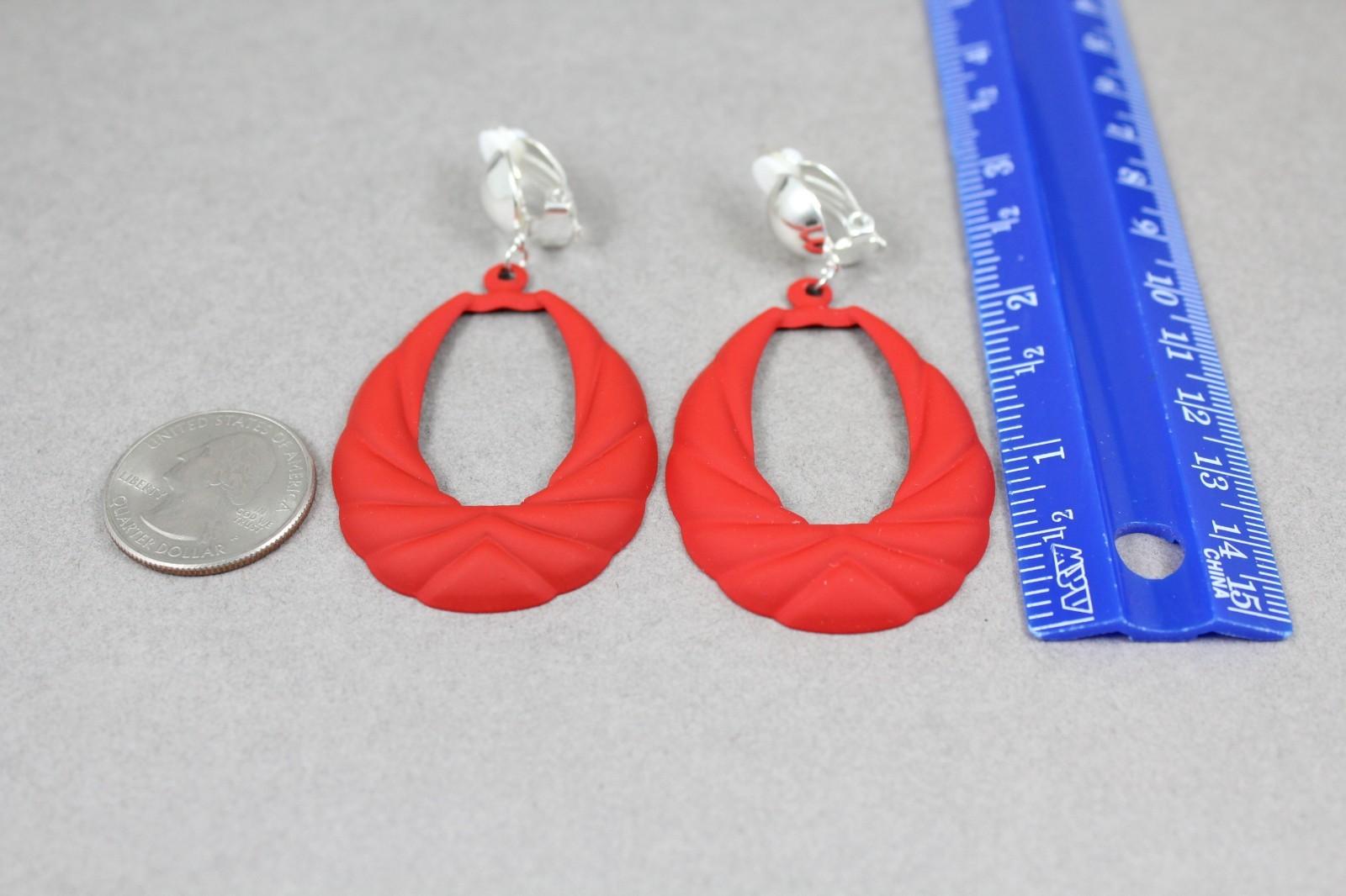 Red oval teardrop Clip On earrings pendant clips 2.75″ long lightweight