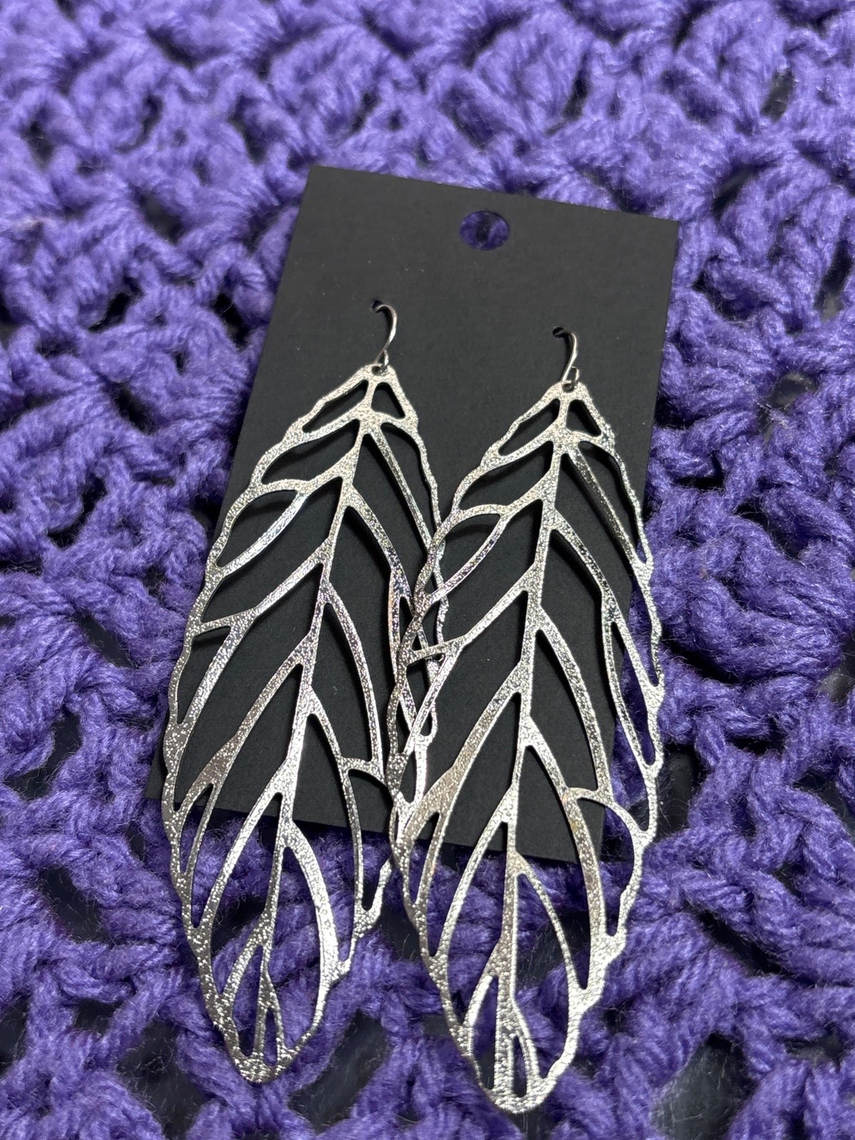 Silvertone Statement Leaf Dangle Earrings 3.5 inches